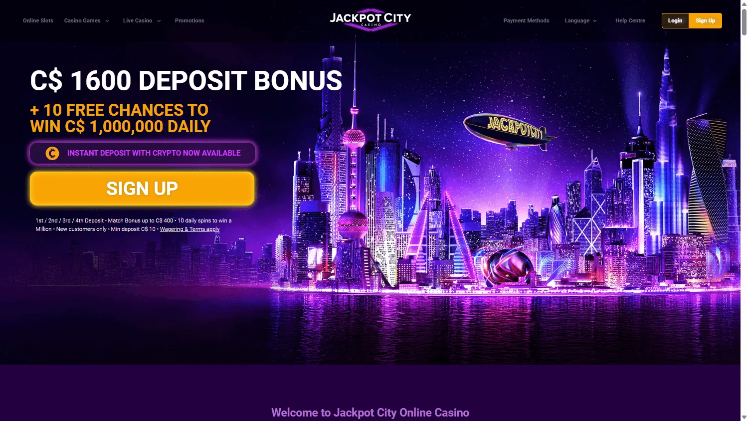 Jackpot City Casino desktop home screen with the casino offer and game categories