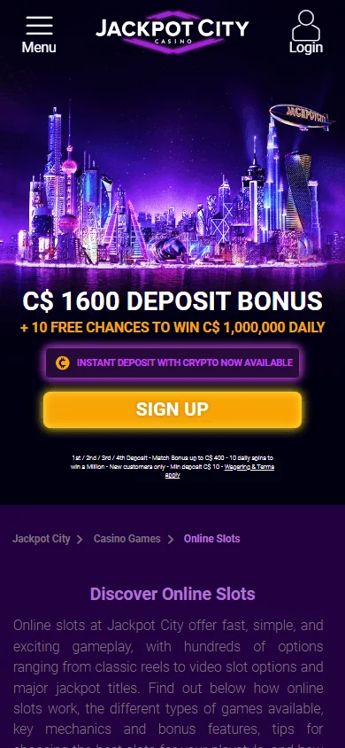 Jackpot City Casino mobile games area with pokies and casino categories