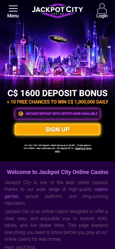 Jackpot City Casino mobile home screen with navigation and casino account tools