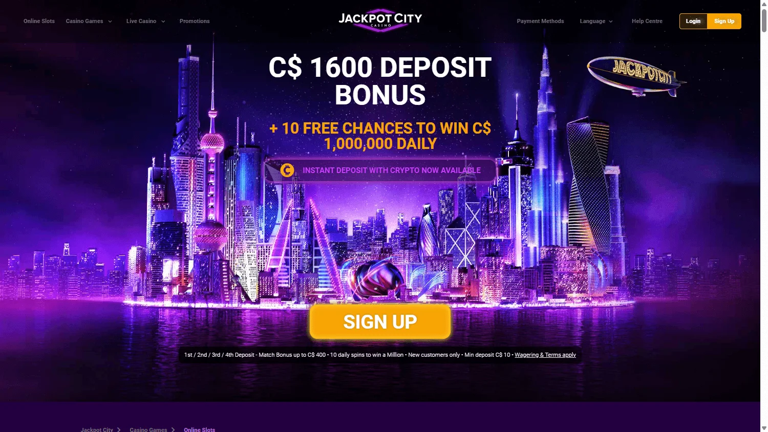 Jackpot City Casino desktop games area with casino categories and titles